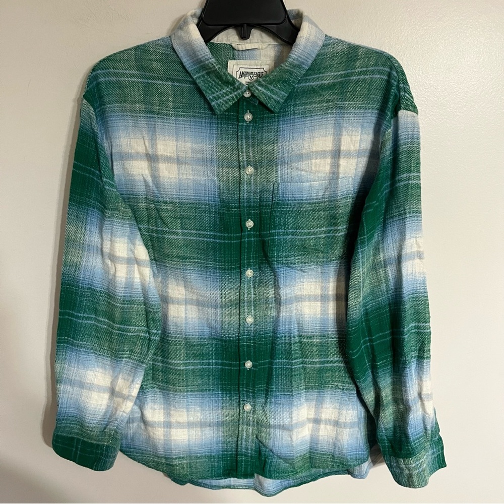 American Eagle Flannel Shirt Mens Small Green Blue Ombre Plaid Cotton Button Up